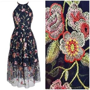 Vince Camuto Floral Embroidered Mesh Overlay Halter Dress